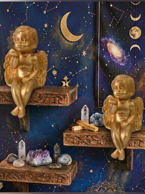 2 x 90s Cherubs Gilded Sitting Celestial Gold Whimsical Hollywood Regency Rococo